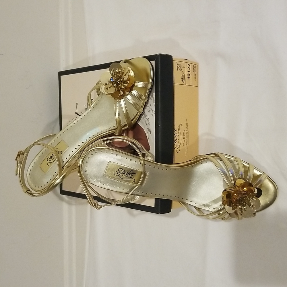 Starlet by Star Jones' Gold Open Toe Ankle Strap Heels